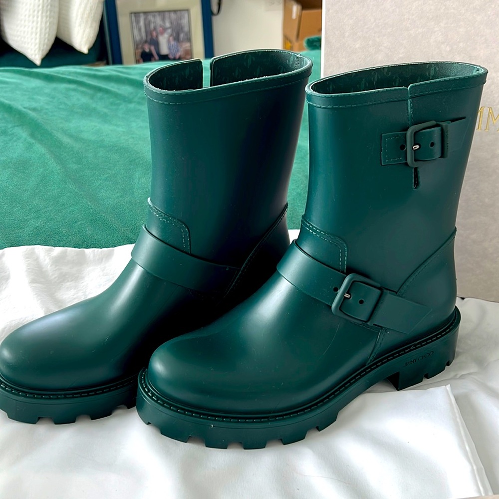 NWT Jimmy Choo Yael Rain Boots Dark Green sz 10